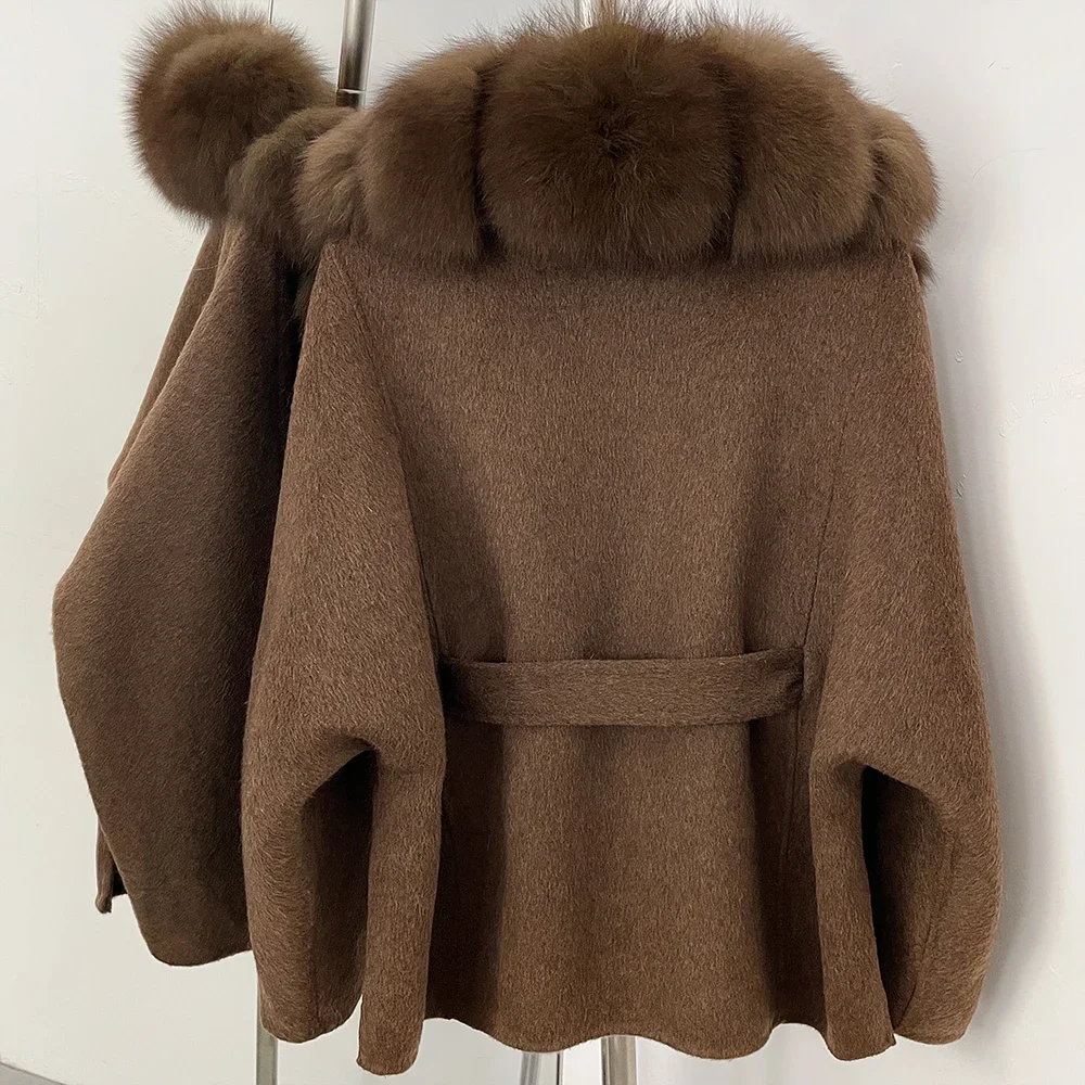 OFTBUY Damenmantel aus 100 % Wolle, neuer, warmer Wollmantel für den Winter, mit echtem Fuchspelzkragen, Revers und Gürtel, Wolljacke für Damen. – Detail 10