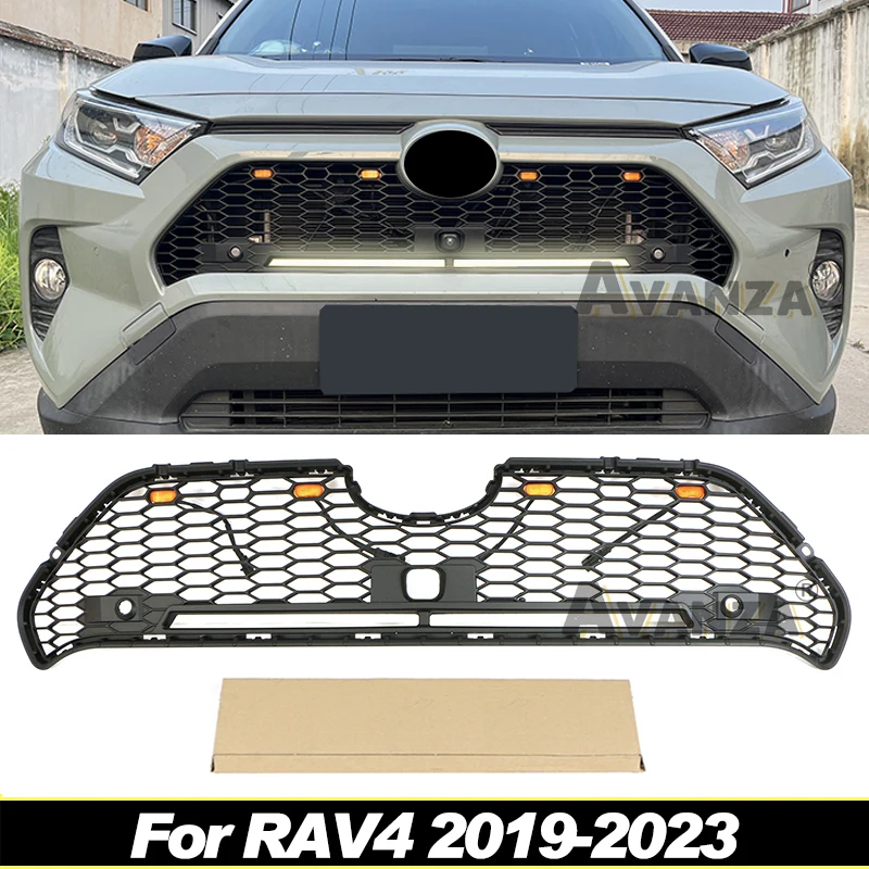 Front  Grill W/LED Light Bar Honeycomb Style Fits For RAV4 2019 2020 2021 2022 2023 Matte Black Racing Grill