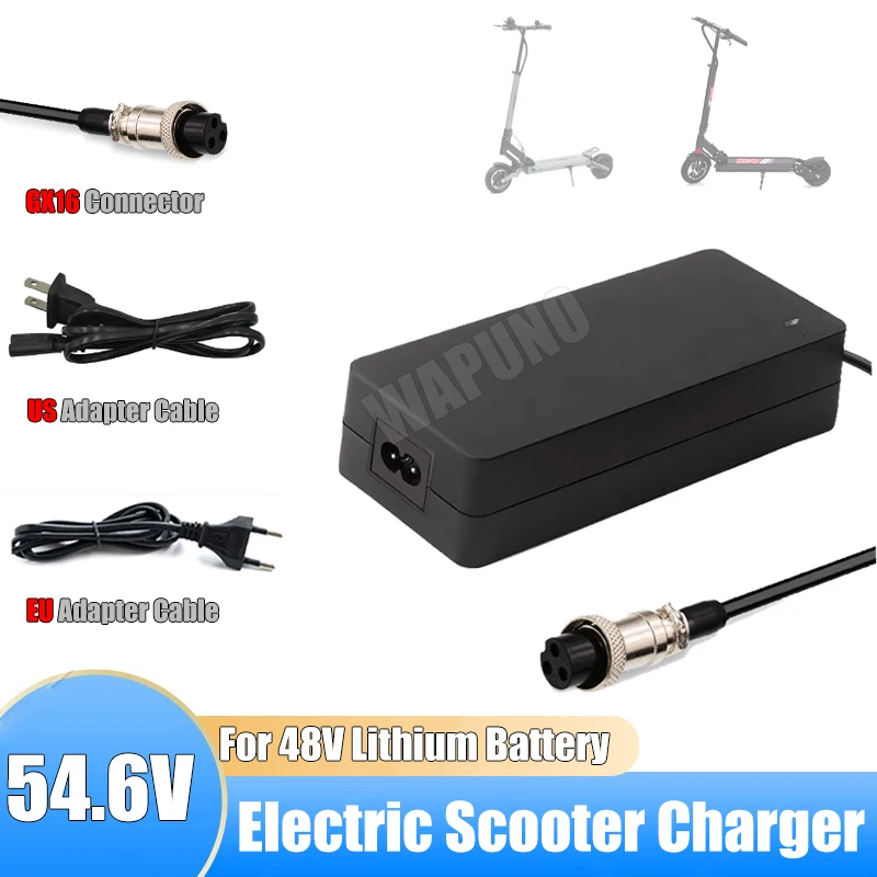 Cargador para Patinete Eléctrico 54.6V 2A con Conector de Aviación GX16-3Pin y Enchufe EU/US para ZERO 8 9 VSETT 8 9+ Kaabo Mantis Kugoo M4 Pro