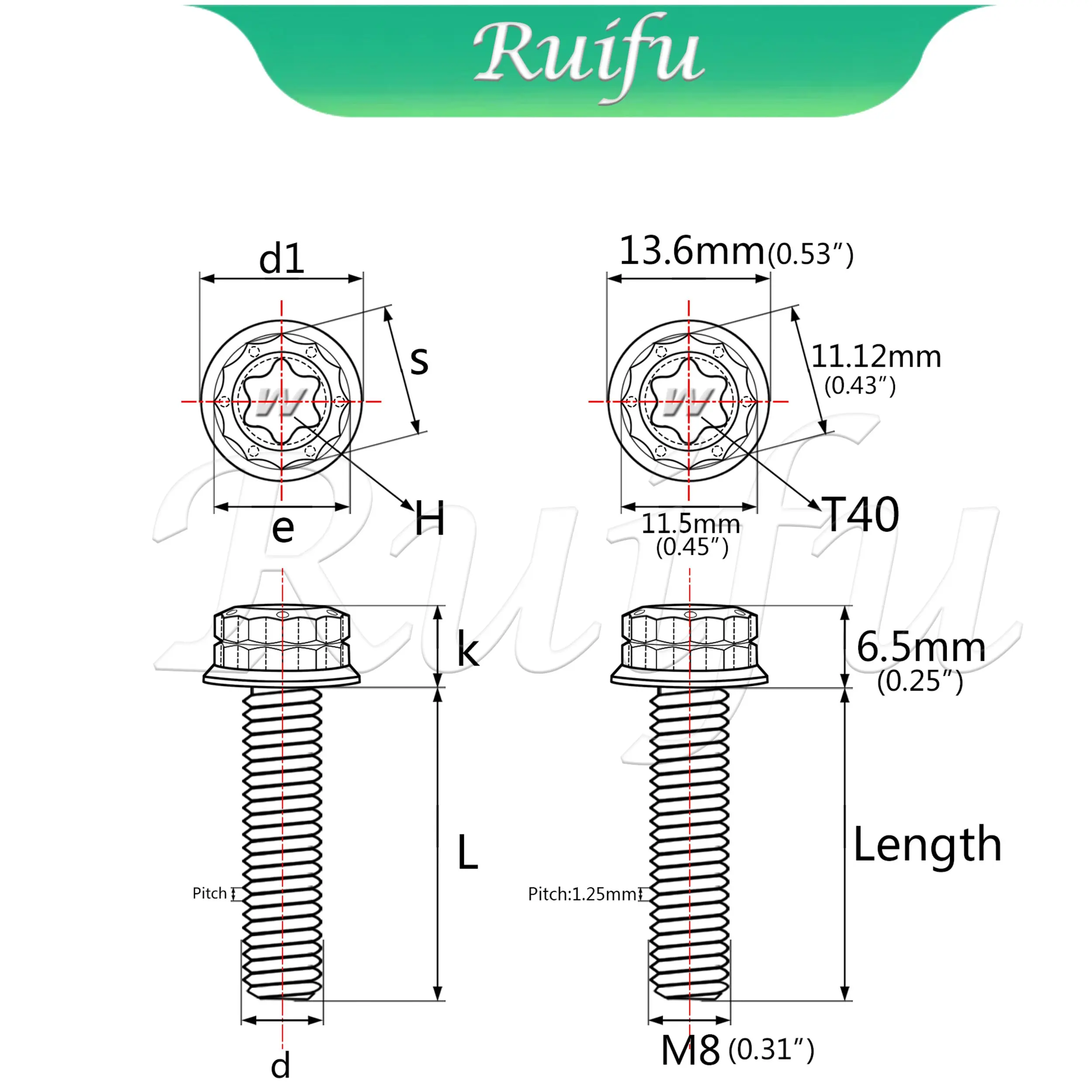 Ruifu Titanium Bolt  M8x15 20 25 30 35 40 45 50 55 60 65 80mm T40 Torx Flange 12-Point Screw for Auto Motorcycle Parts