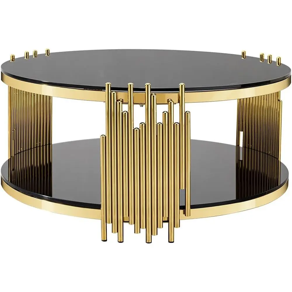

Двухуровневый круглый журнальный столик из черного закаленного стекла диаметром 31,5 дюйма с золотистой металлической отделкой для гостиной, офиса и кафе