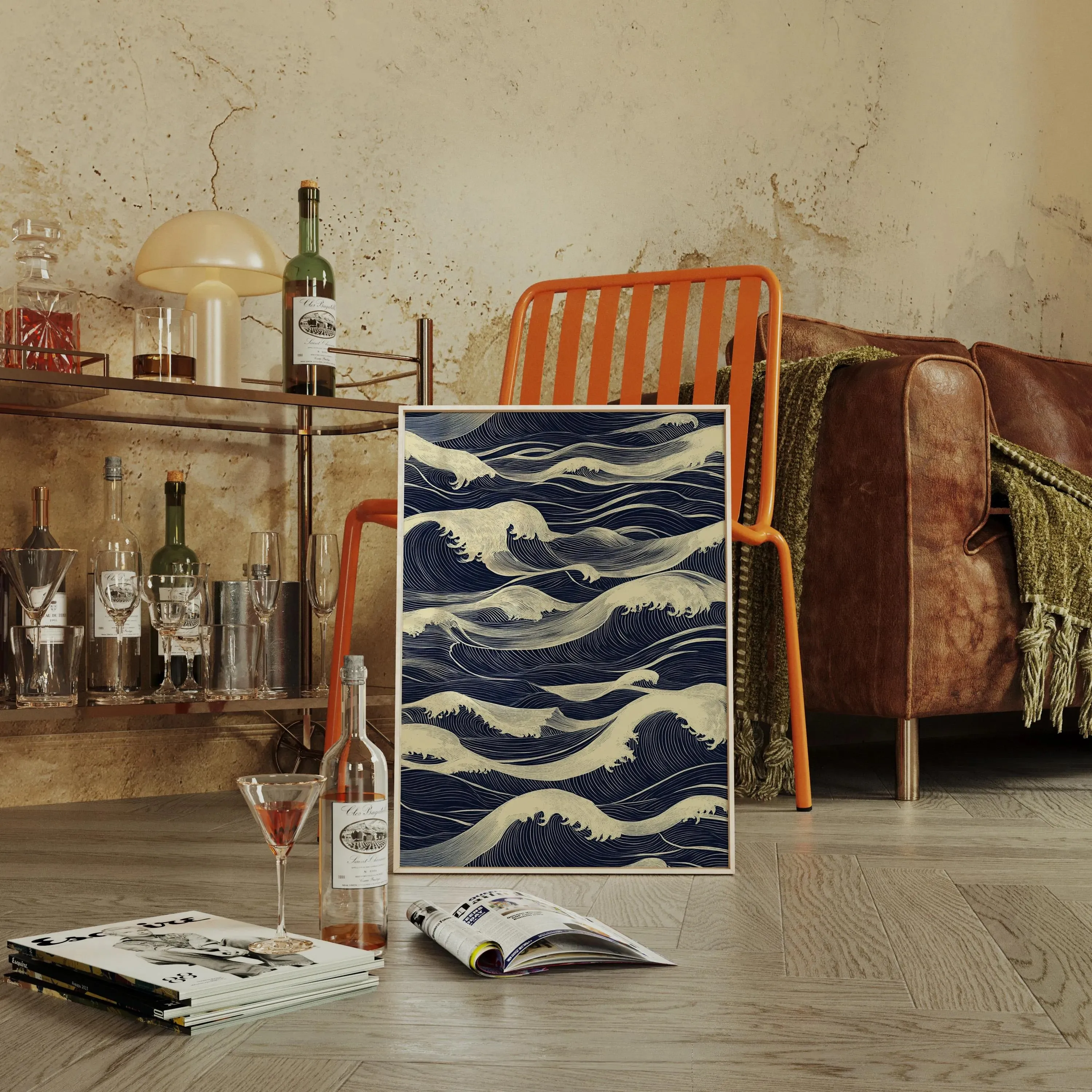 Japoński wzór fal na płótnie, minimalistyczna grafika oceaniczna w kolorach granatowych i kremowych, estetyka drewnianych wydruków, dekoracja domu.