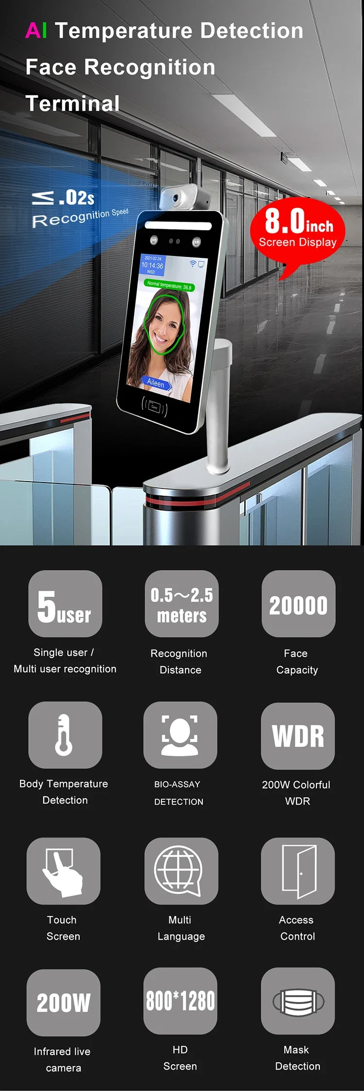 8 Inch Temperature Measurement And Face Recognition Machine Camera Facial Recognition Access Control