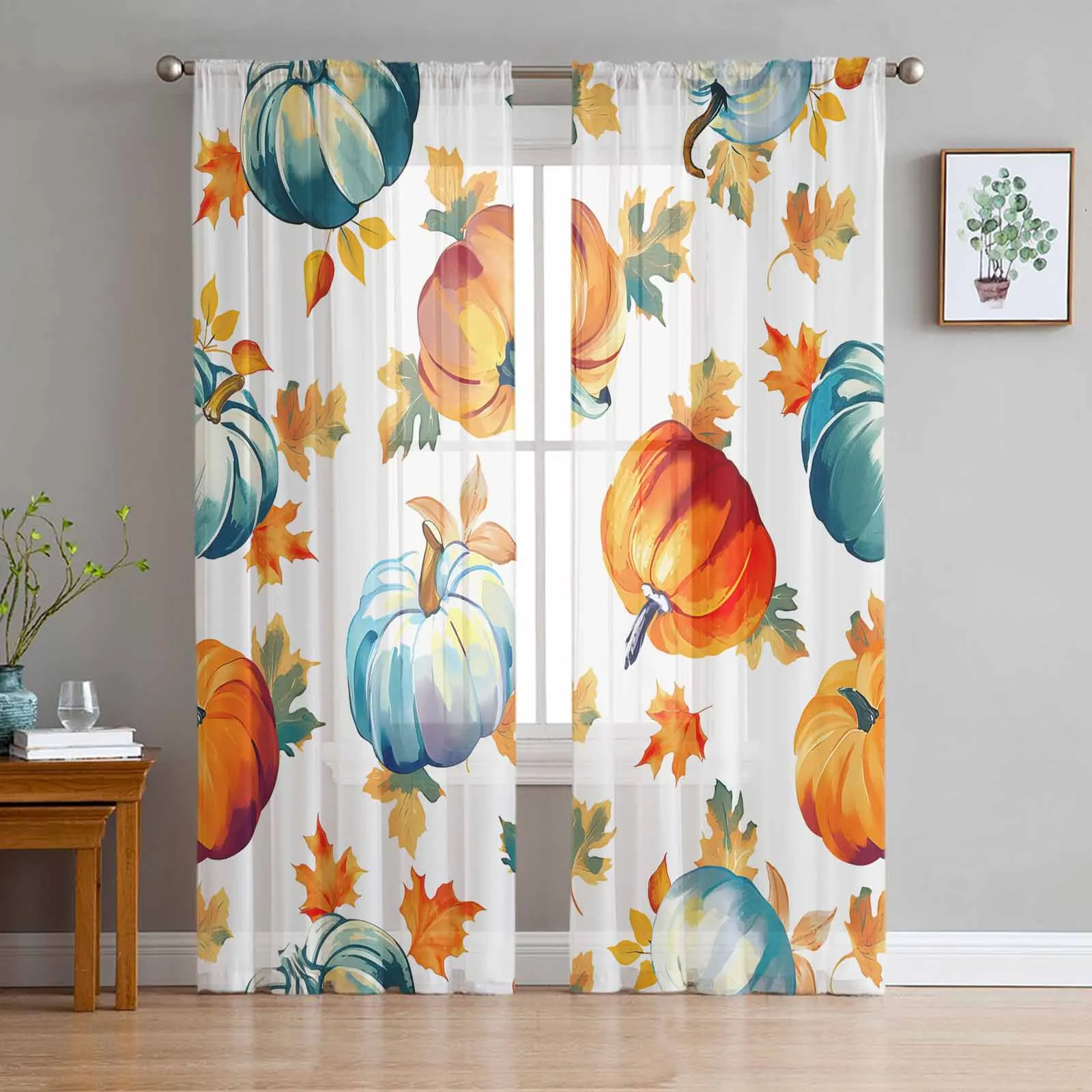 Hand-Painted Watercolor On Pumpkin Leaves Sheer Curtains for Living Room Modern Home Decor Tulle Curtain Bedroom Voile Drapes