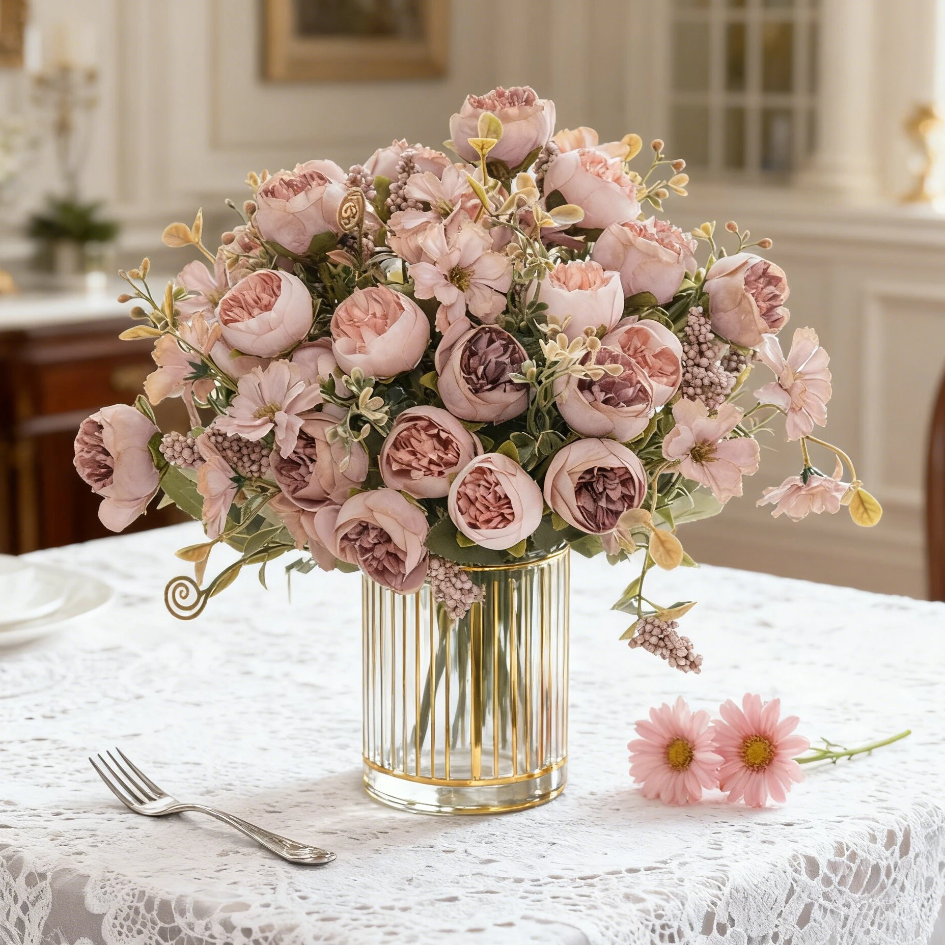 Künstliche Blumen Seiden-Teeknospen-Rosen-Pfingstrosen Festival-Kranz Hochzeitsbrautstrauß Heim Zimmer Bonsai Hof Vase Garten DIY Geschenk Deko