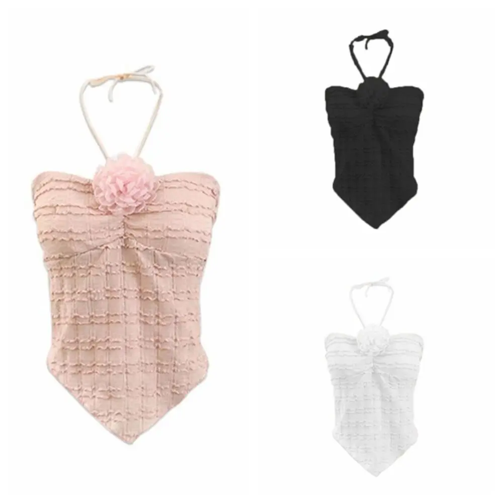Onregelmatige geplooide halter bloem hemdje zoet pittig meisje slanke crop tops mouwloos jarretelvest dames meisje