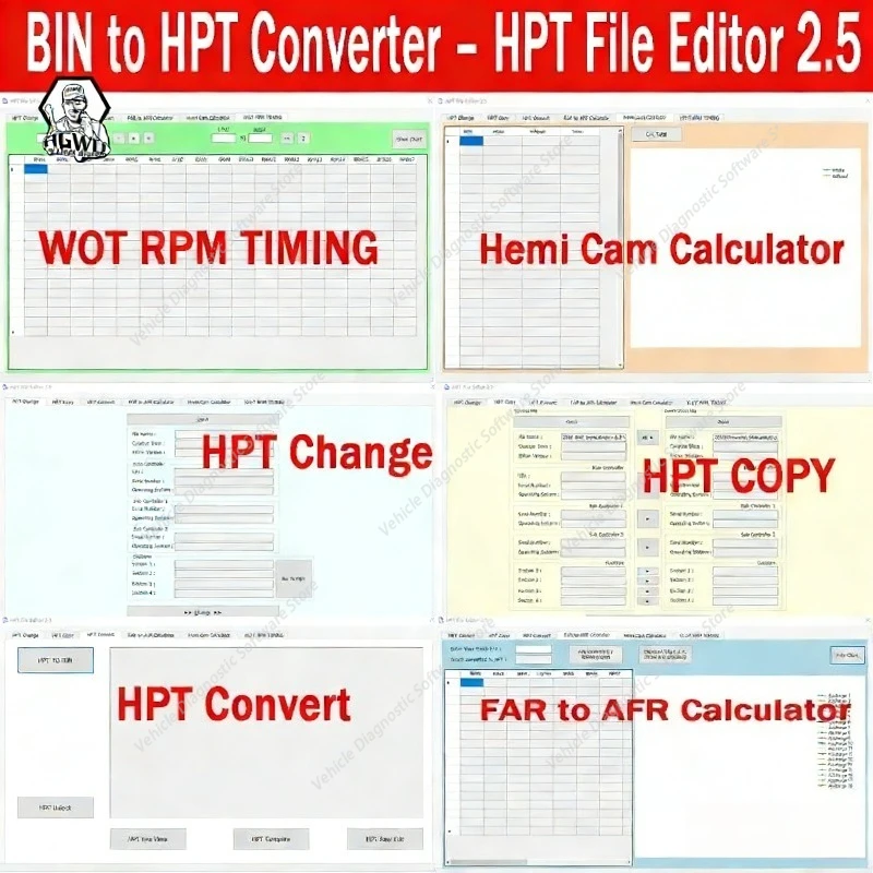 BIN to HPT Converter Unlock HPT File Editor 2.5 HPT change COPY Convert FAR to AFR Calculator Hemi Cam Calculator WOT RPM TIMING