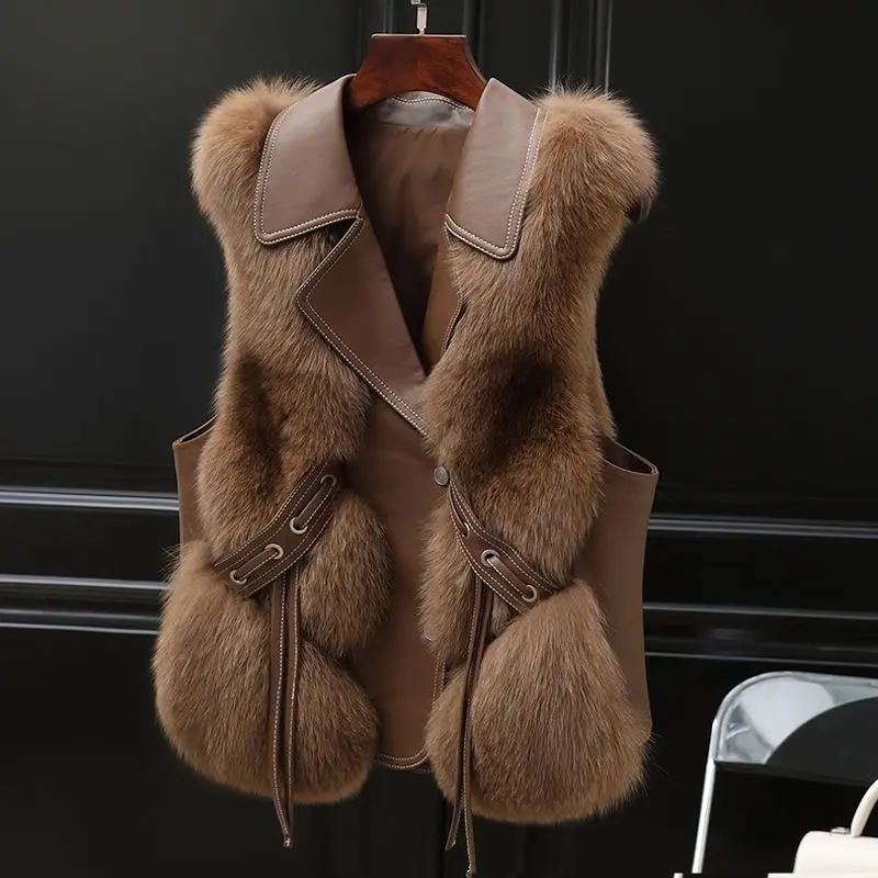 Fur Leather Patchwork Vest Women Autumn/Winter Waistcoat Faux Fur Jacket PU Leather Vest Sleeveless Cardigan Design Clothing