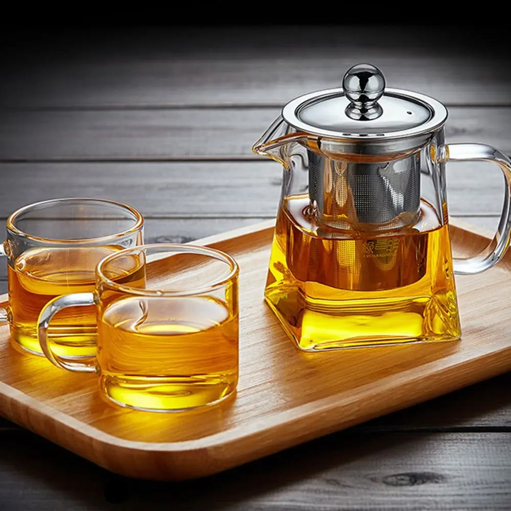 

Transparent removable coffee Scented Tea Stainless Steel Tea Strainers Teapot Glass Square Pot with Tea Strainers Kettle
