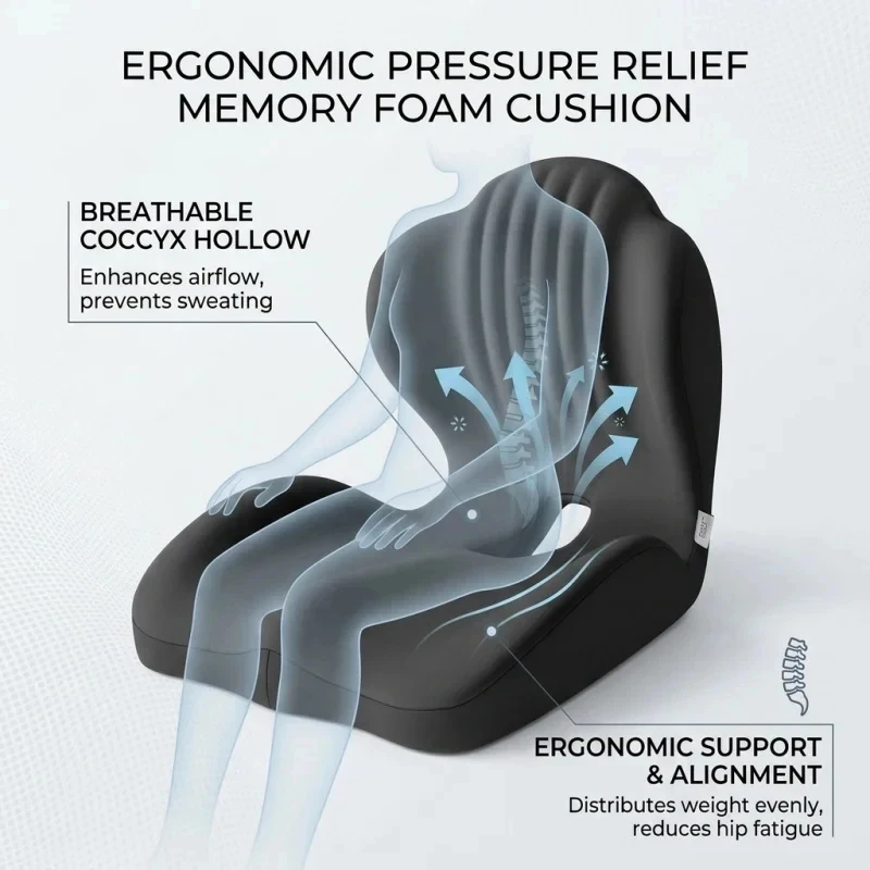 Ergonomic Memory Foam Seat Cushion Lumbar Support Pad Relieve Tailbone Sciatica Pain For Office Chair Car Seat Daily Use