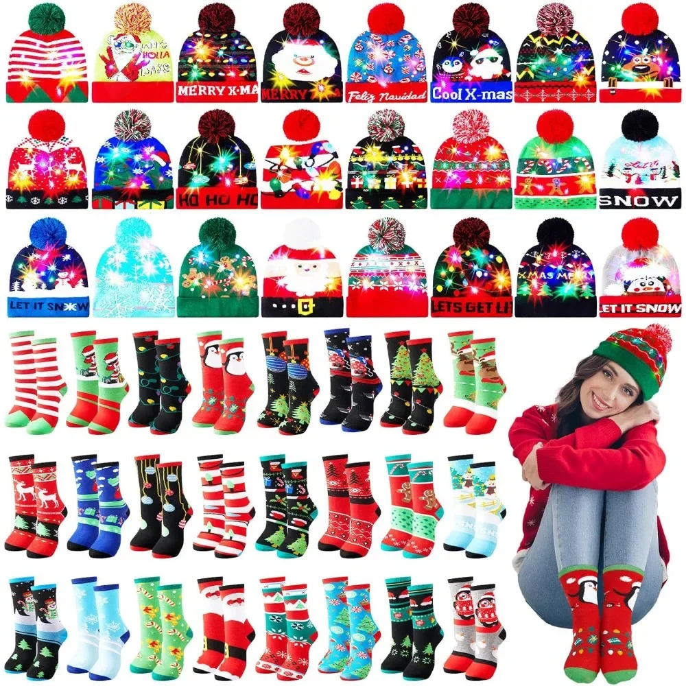 

48 Pcs Christmas Light Up Hats Set - 24 Pcs LED Christmas Knitted Beanie Caps & 24 Pcs Xmas Crew Socks for Winter Fun