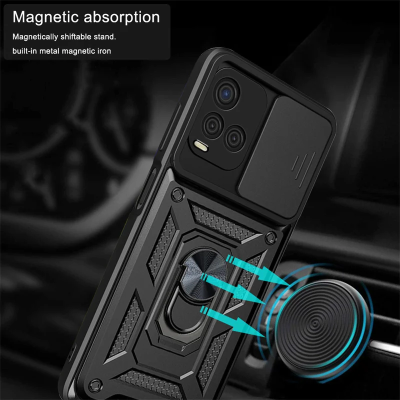 For Vivo Y21 Y21S Case Slide Camera Protect Shockproof Armor Phone Cases For Vivo Y33S Magnetic Metal Ring Bracket Back Cover