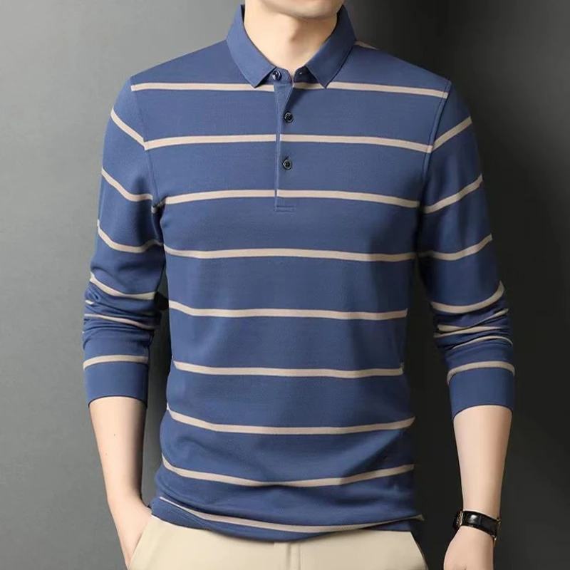 

Men's Spring Autumn New 100% Cotton Long Sleeve Striped Lapel Loose Fit Polo Shirt Fashion Retro Top