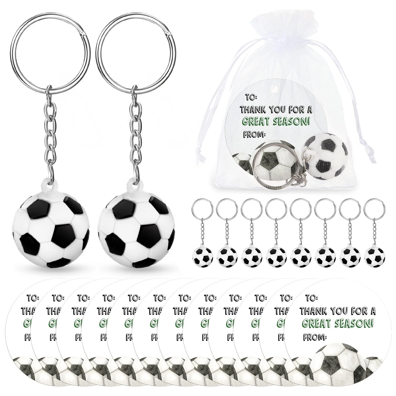 30pcs Sports Party Favors 10 Sports Keychain End of Season Team Gifts 10 Thank You Cards 10 Organza Bags Sports Party Supplies