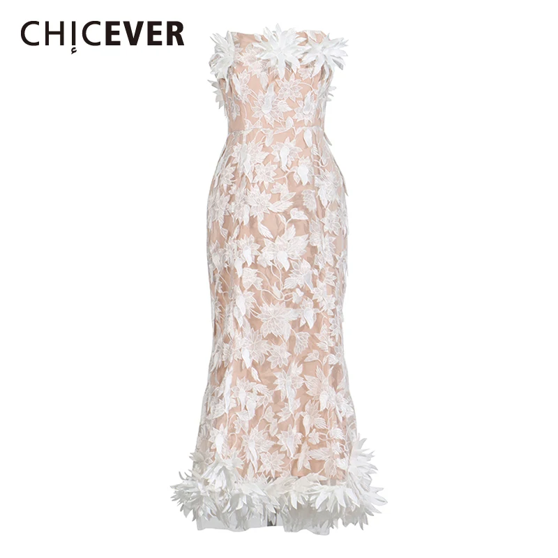 

CHICEVER Colorblock Spliced Floral Hem Dress for Women Strapless Sleeveless High Waist Temperament Embroidery Dresses Female New