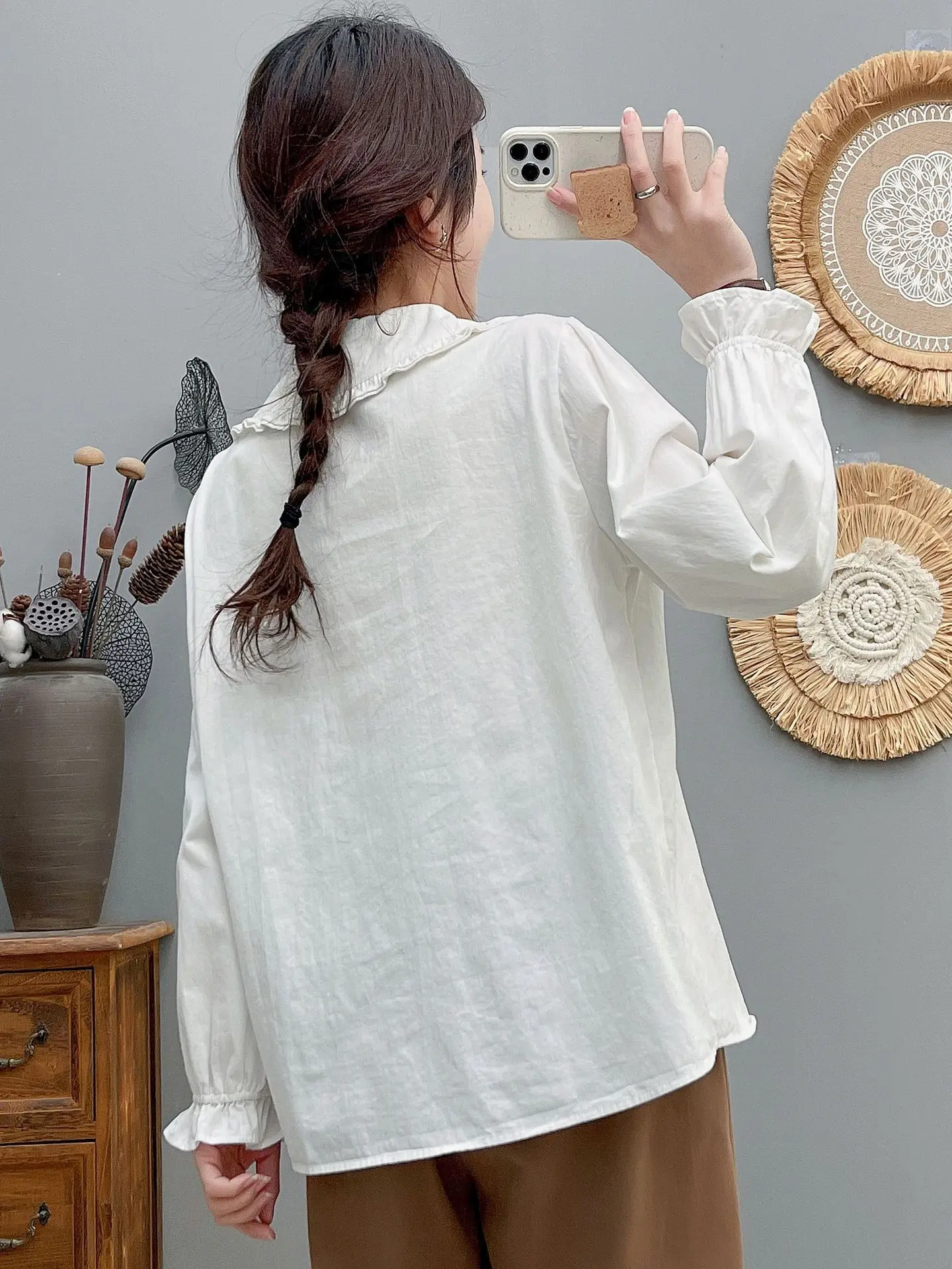 New Summer Cotton Long Sleeve Shirt, Women Peter Pan Collar Embroidery Tops, Mori Girl White Loose Blouses, 2024 Autumn T47823QM