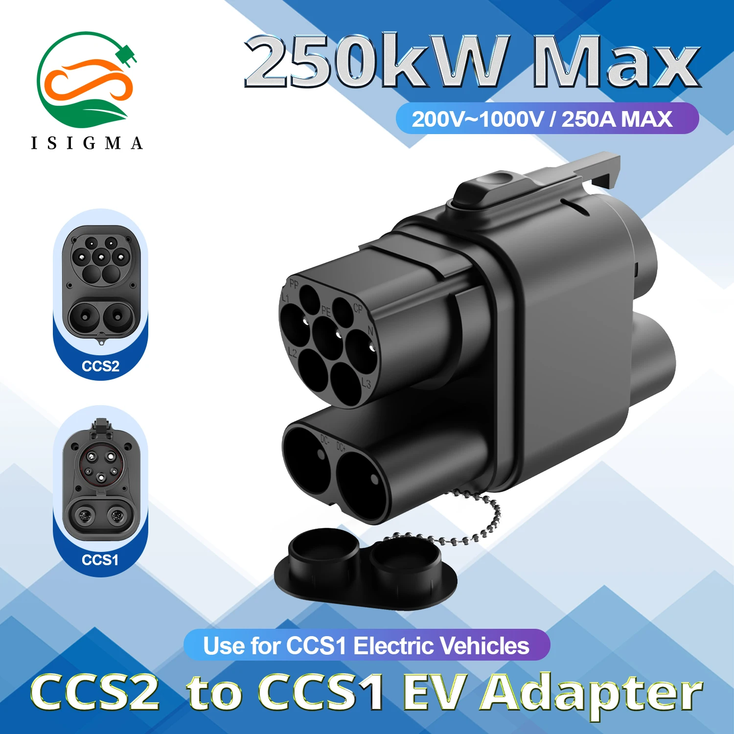 

ISIGMA 250A CCS2 to CCS1 Combo Charging Connector Adapter EV Charger AC+DC Fast Converter Not For BMW i3