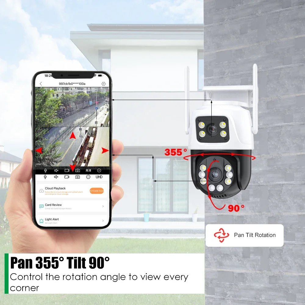 PTZ WiFi Dual Lens Camera com Tela Dupla, AI Human Detect, Auto Tracking, Câmera de Vigilância Sem Fio, iCSee App, 4K, 8MP