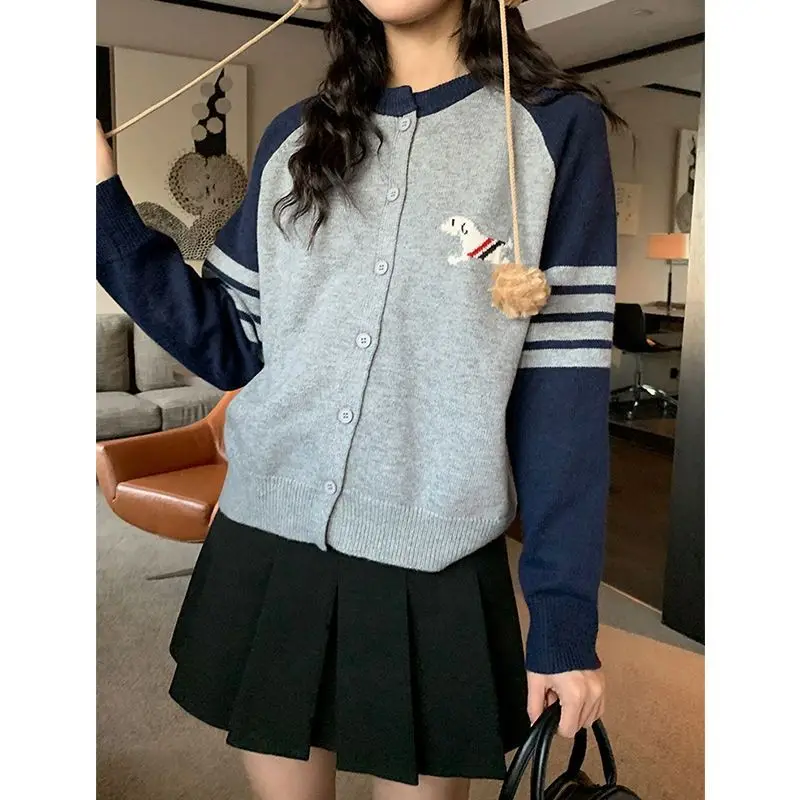 Small Dog Color Blocking Knitted Cardigan Sweater for Women\'s Spring Autumn New Korean Version Slimming Casual Trendy Chic Top