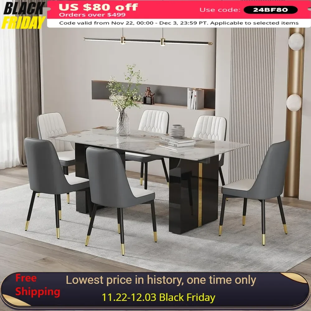 

71'' Kitchen Dining Table Set for 6, Faux Marble Dinings Room Tables and 6 PU Leather Chairs, 7 Piece Dining Table Set