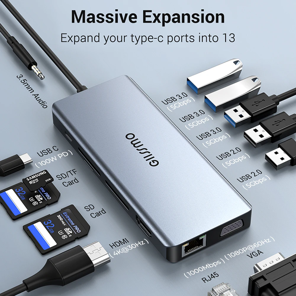 Imagem -06 - Estação de Acoplamento Giissmo 13 em Hub Usb c Compatível com Hdmi 4k com Ethernet Vga 100w pd Adaptador Multiportas para Acessórios de Laptop