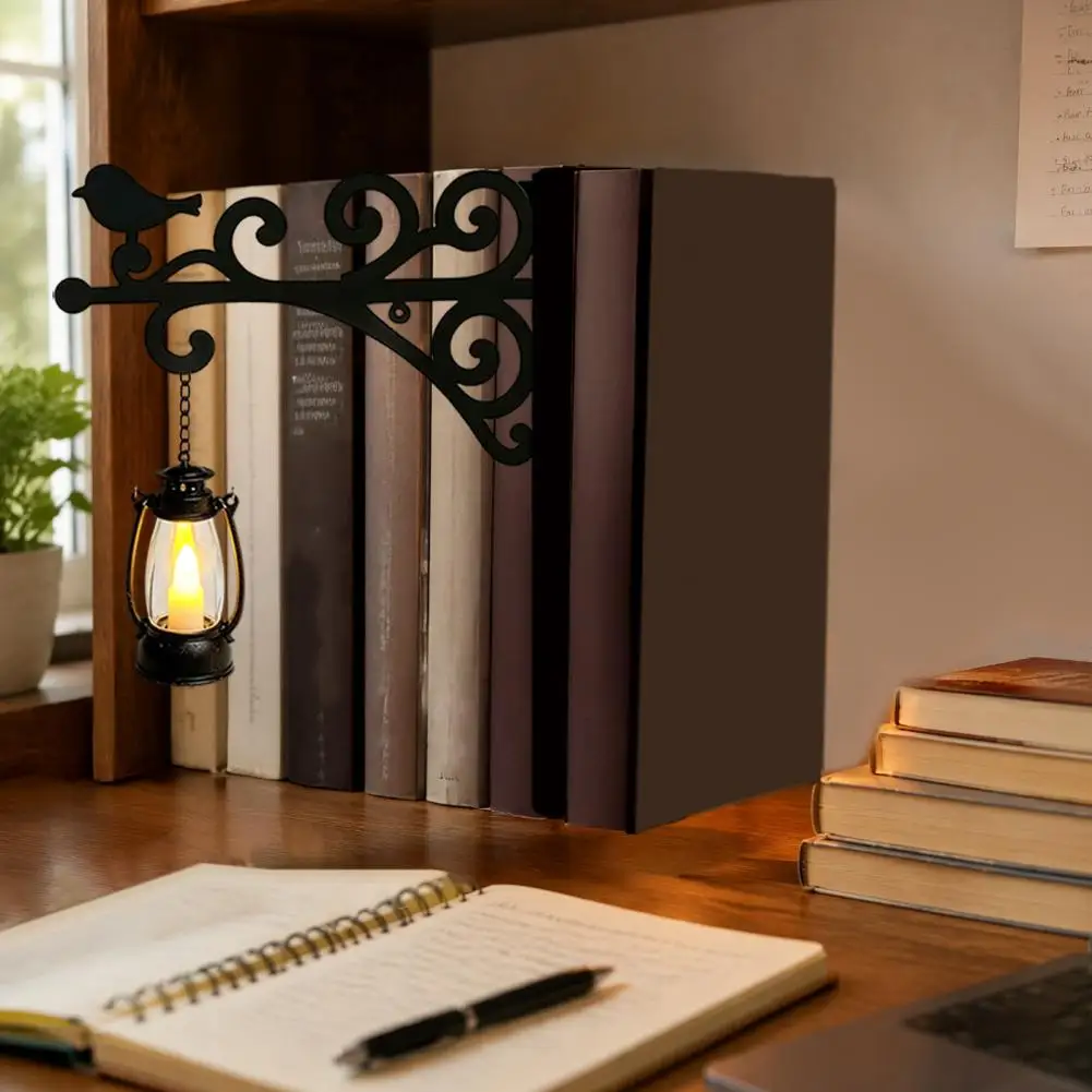 Night Light Book Organizer Metal Bookends with Warm Light Library Lantern Mini Bookshelf Lamp Vintage Hanging Light for Book