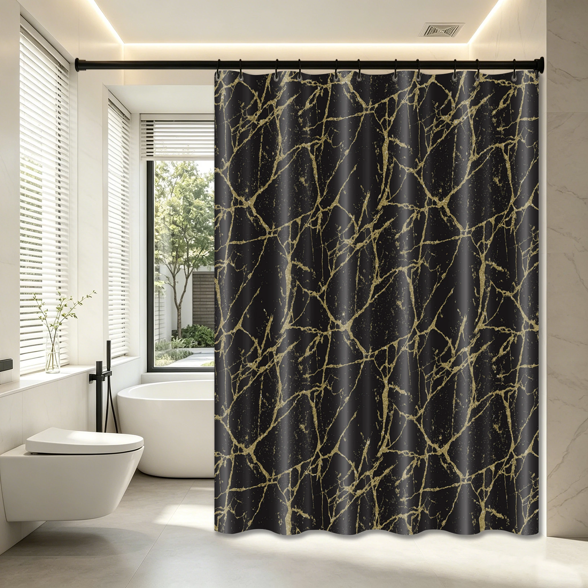 1Pc Black Gold Marble Print Peva Shower Curtain, Modern Luxury Dark Marble Print Curtain for Bathroom