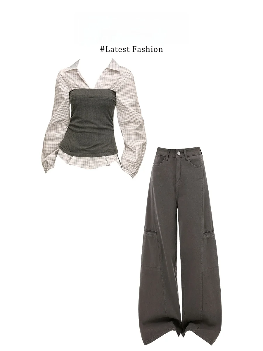 

Winter Plaid Shirt And Jeans Set Women's Fashion Casual Style Fake Two-Piece Outfit Warm Long Sleeve Turn-down Collar Ensemble