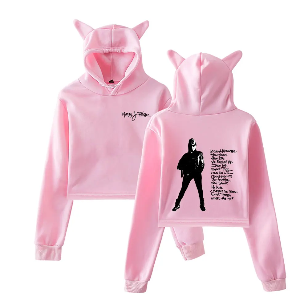 Mary J. Blige 2025 Merch moletom com capuz para meninas pulôver curto com orelha de gato roupas casuais