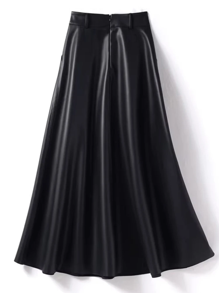New Women Simplicity Split Leather Skirt Spring Autumn Fashion High Waist A-Line Long Skirt Casual Classic Black Leather Skirt