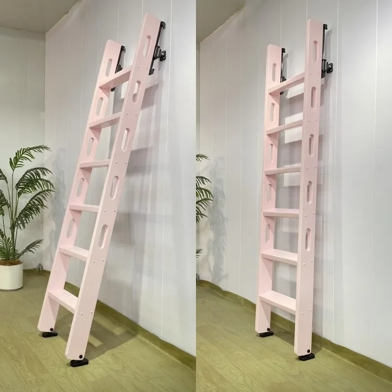 Pink vertical storage telescopic wall-attached household solid wood support upper and lower bunk telescopic attic ladder