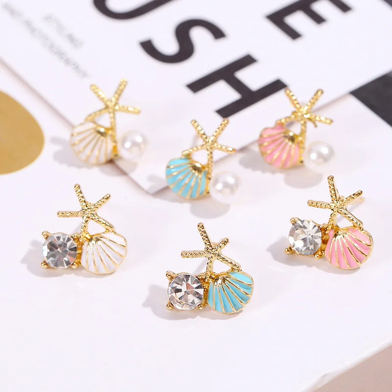 Temperament Ocean Style Stud Earrings Women Starfish Shell Earring Creative Asymmetric Ear Ring Imitation Pearl Zircon Ear Stud