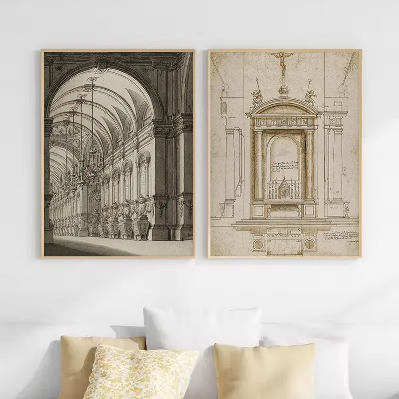Vintage Drawing Sketch Geometric Architecture Church Dome Aesthetic Canvas Poster Wall Art Pictures Home Interior Decor