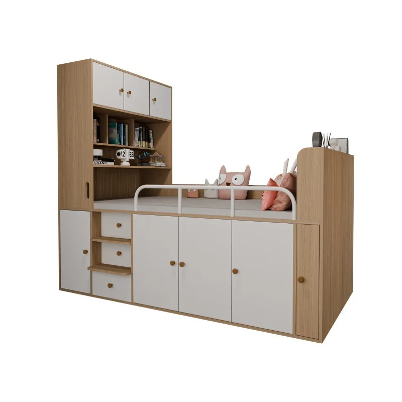 Kong small apartment solid wood bed half-height bed bookcase, storage wardrobe guardrail integrated multi-functional storage bed