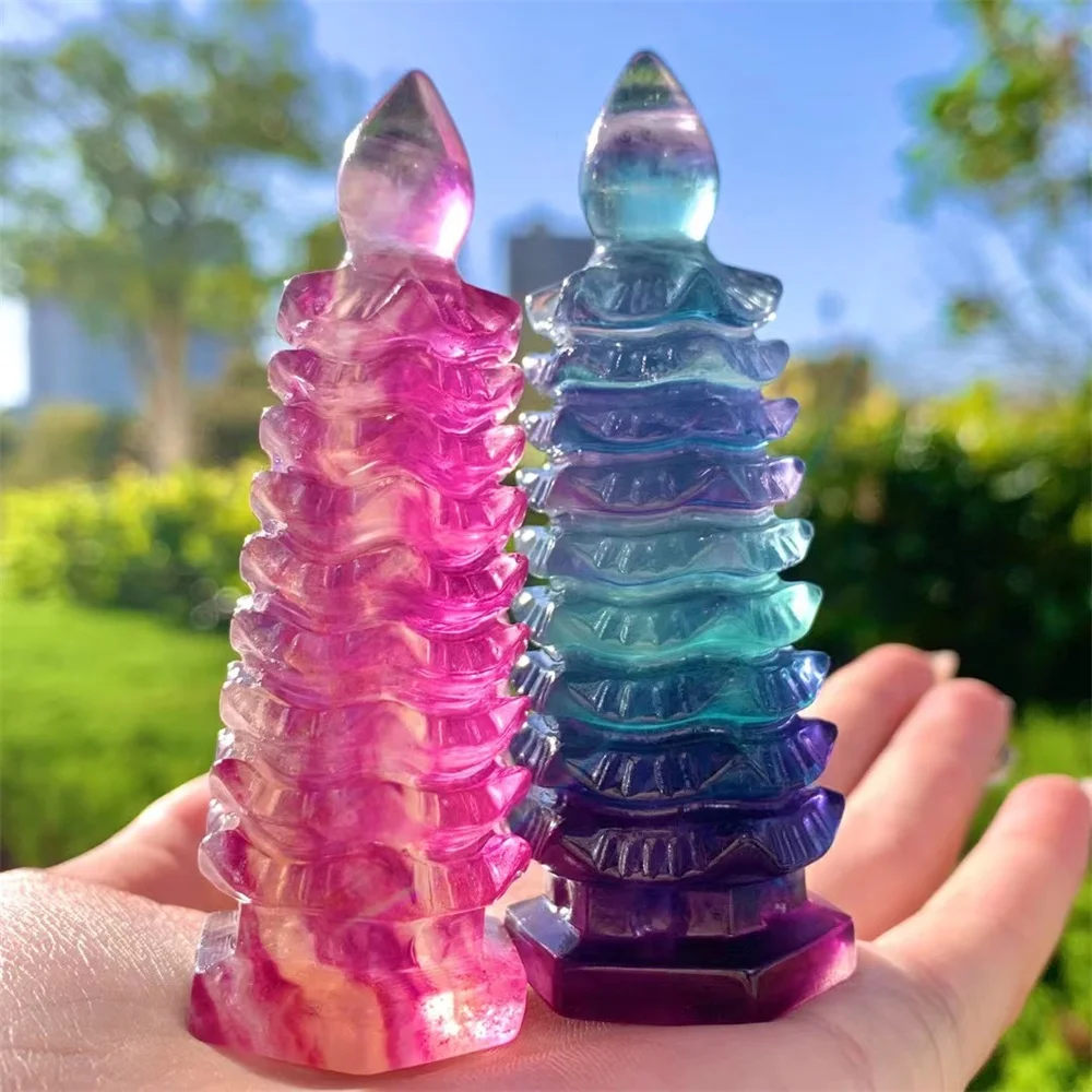 

1 Pc Natural Stone Rainbow Fluorite Wenchang Pagoda Tower Handmade Carved Craft Home Decor Jewelry Gift