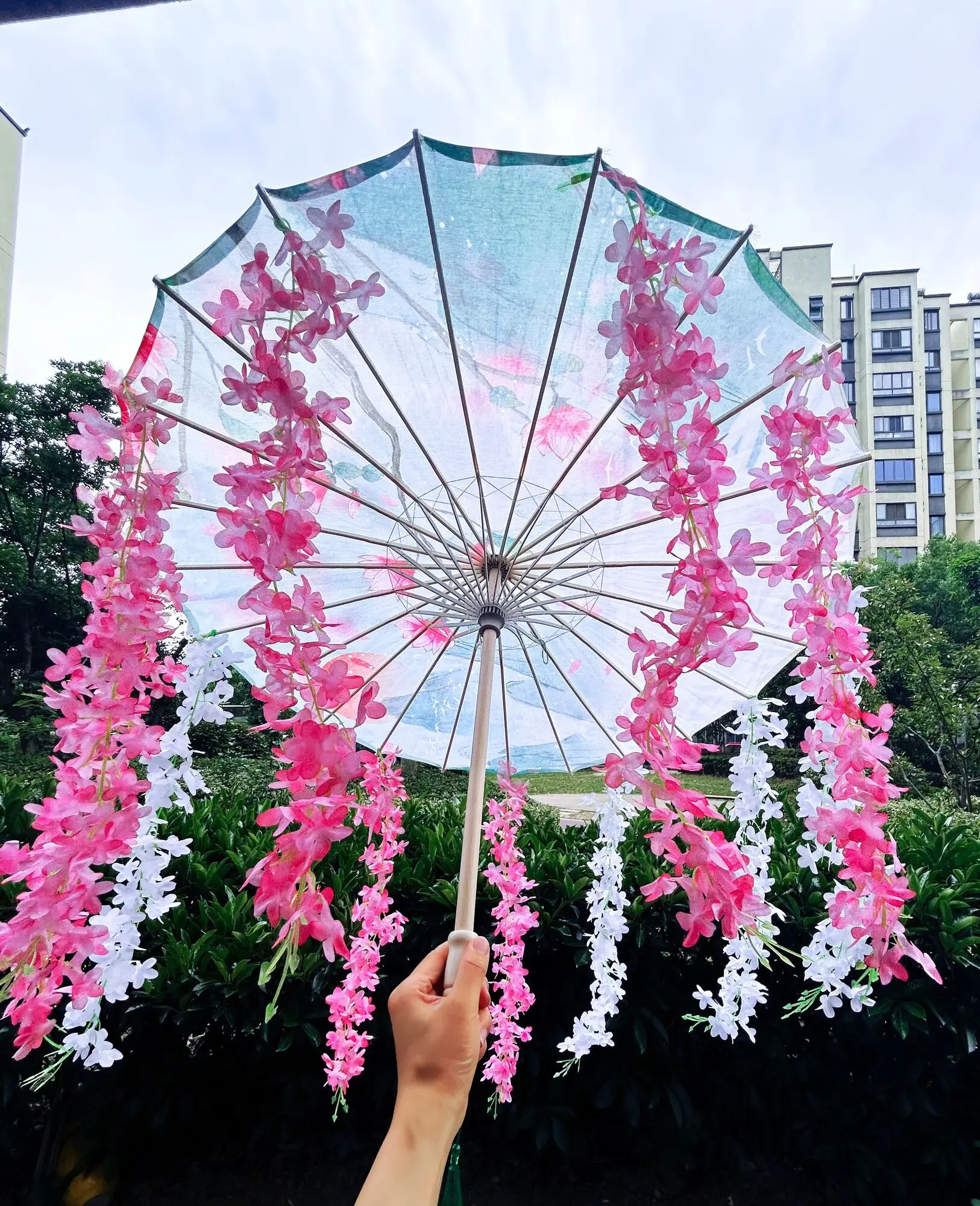 Pink Green Yellow Flowers Umbrella  Hanfu Tassel Anime Umbrella Windproof For Beach Dance Cosplay OilPaper Umbrella Parasol