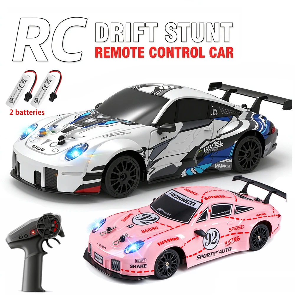 2.4G 1:24 RC Drift Stunt Car for Kids 4 Wheel Drive Remote Control Racing Vehicle with LED Light and Spare Drift Tires Boys Toy