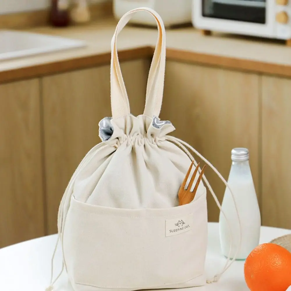 Drawstring Canvas Insulated Lunch Bag Thicken Aluminium Foil Thermal Box Tote Cooler Handbags Picnic Food Dinner Container