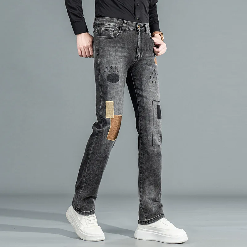 

Embroidered printed jeans men, straight leg, trendy street style, cool and casual autumn pants