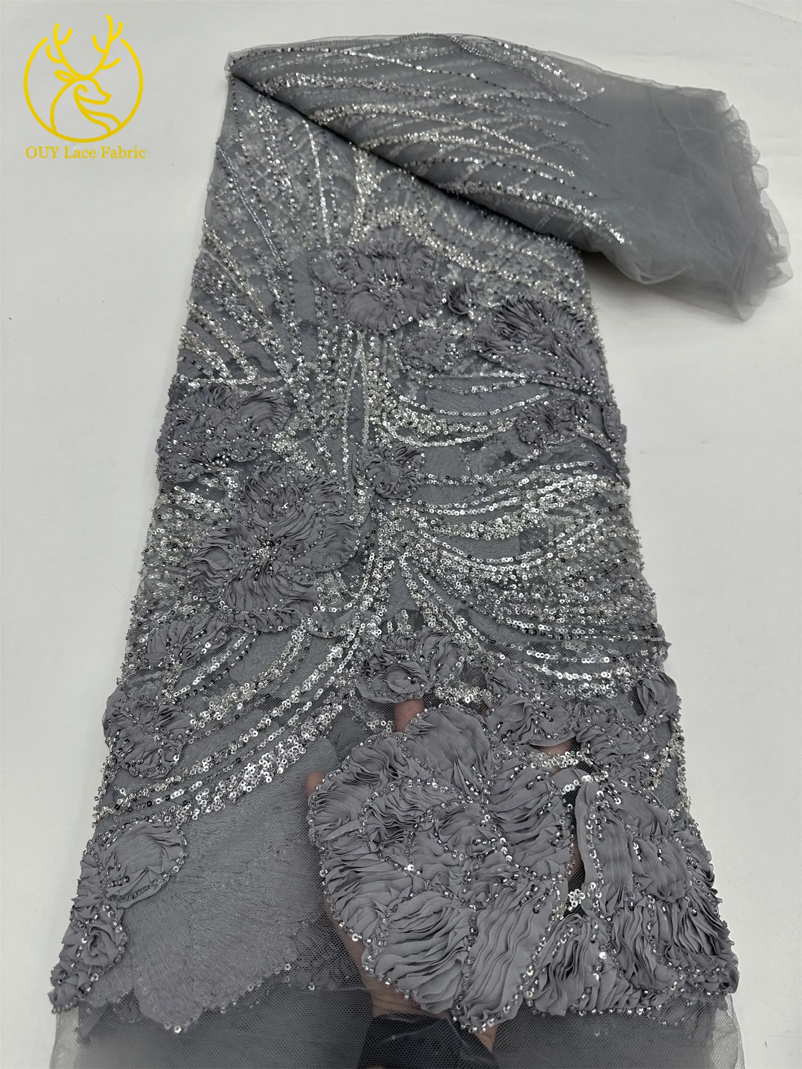 Modische französische 3D-Mesh-Stickerei-Spitze, afrikanischer Perlen-Spitzenstoff, himmelblauer nigerianischer Tüll-Spitzenstoff für Hochzeitskleider und Partykleider zum Nähen – Detail 22