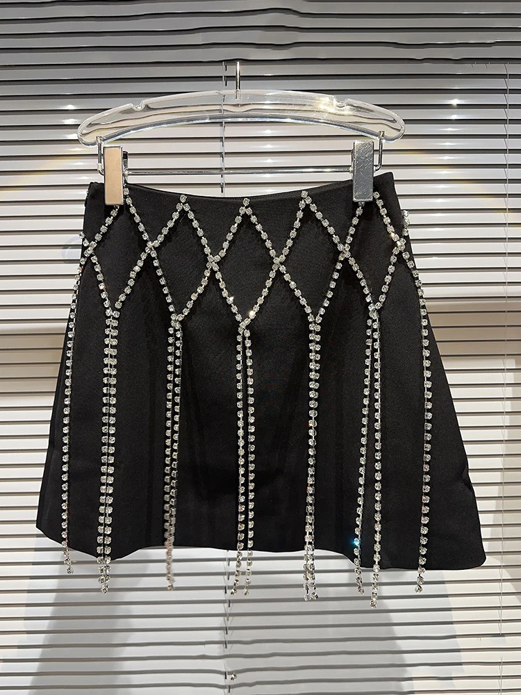 DEAT Women\'s Skirt Plaid Shiny Diamonds Chains Tassel Solid Color Slim Short A-line Mini Skirt 2024 Autumn New Fashion 11XX5371