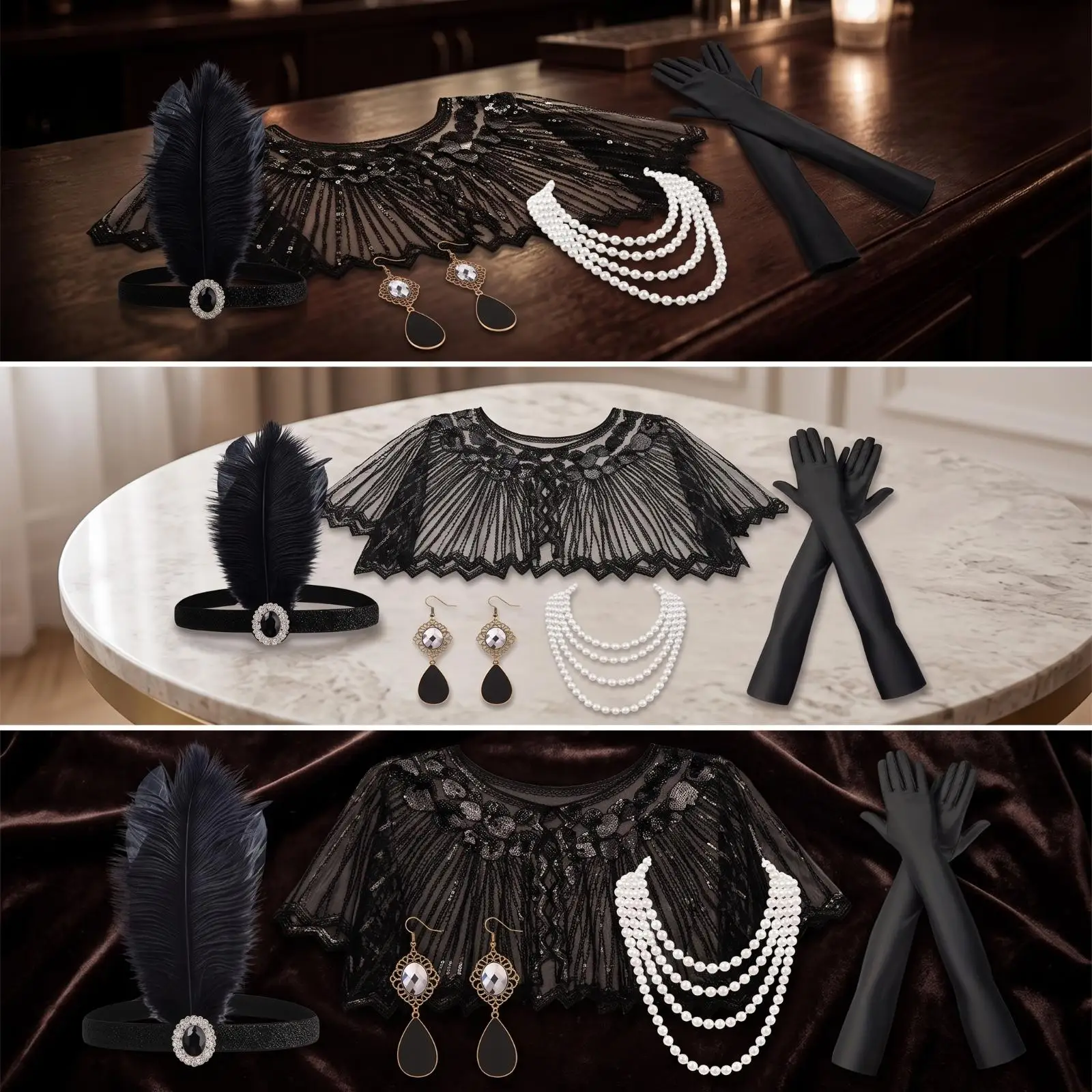 Vintage Style Women Party Cape with Sequin Layers Pearl Necklace Long Gloves Earrings and Feather Headband for Costume Party