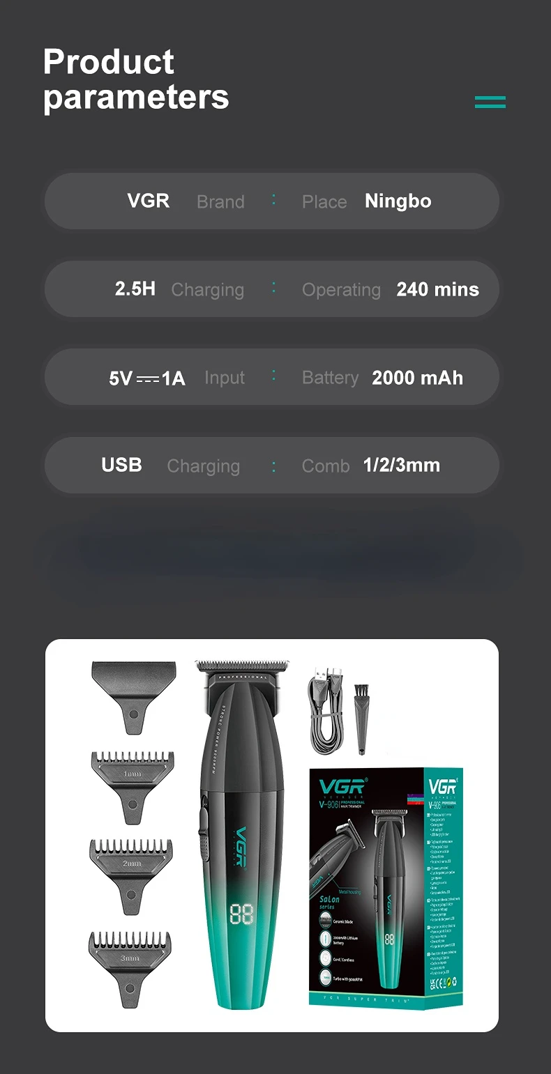 VGR haarschneidemaschine harrschneidemaschine haarschneidemaschine männer Haarschneider Professioneller Haarschneidemaschine Kabellos Haarschneider 9000 U/min Haarschnitt Barbier Metall Trimmer für Männer V-906 – Detail 7