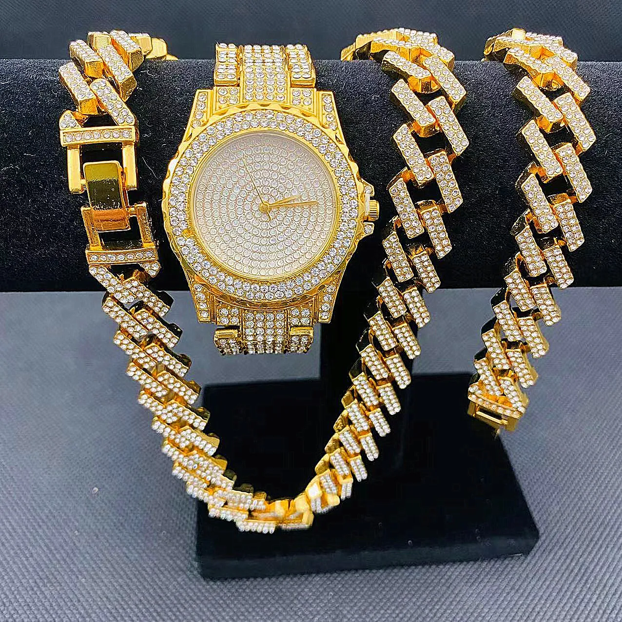 

3PCS Fashion Mens Women Jewelry Set Iced Out Watch Necklaces Bracelet Bling Diamond Miama Cuban Link Chain Big Gold Wristwatch