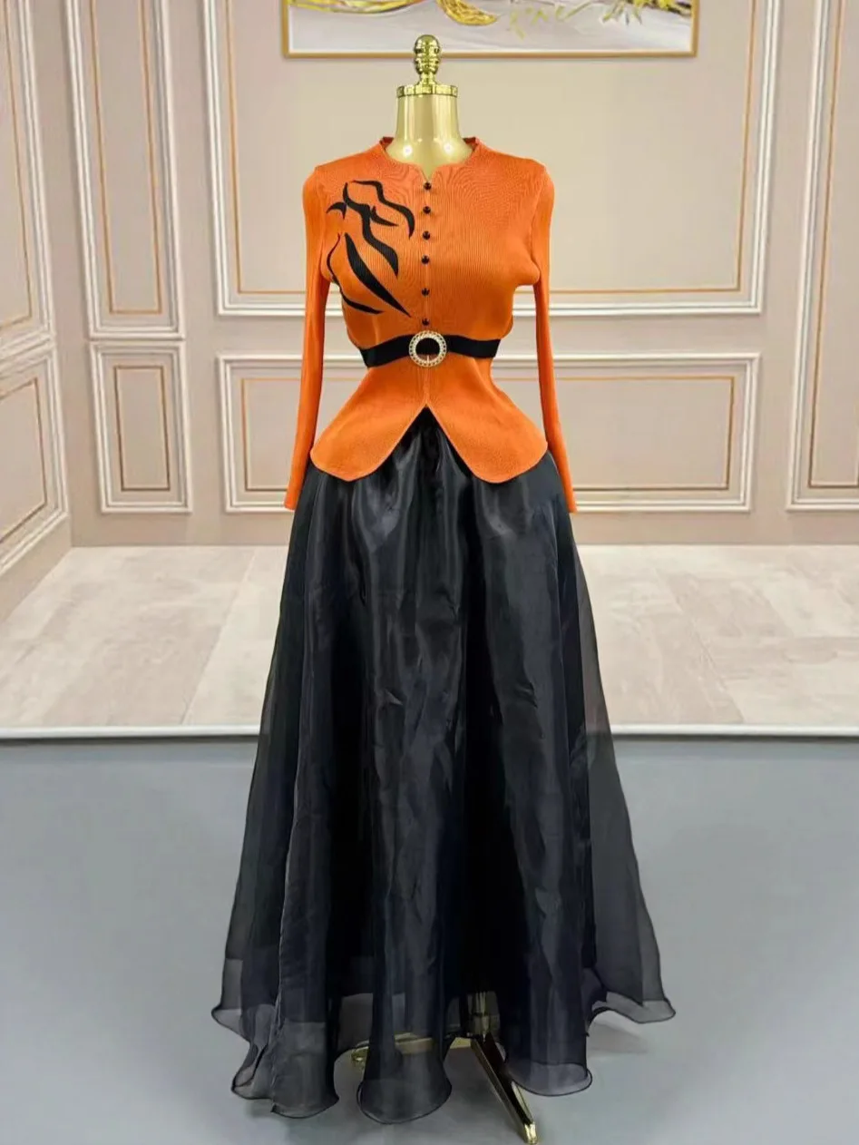 

2025 African Miyake Pleated Print Fashion Printed Top + Wide-leg Straight Pants Two-piece Set Women's Clothing