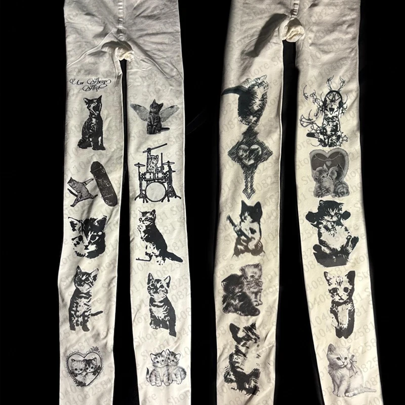 Y2K socks classic style cute cat print women's jumpsuit Japanese sweet Kawaii slim fit Lolita thigh high socks 2000s Emo Gilrs 
