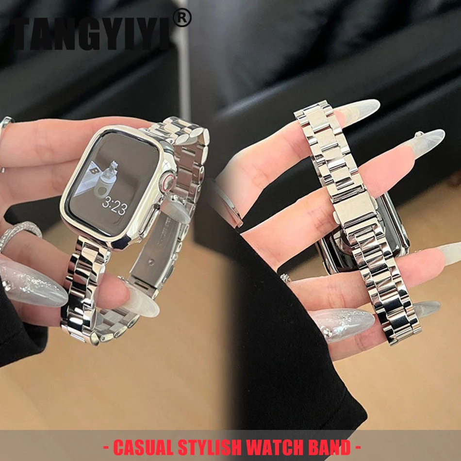 

Глянцевый ремешок из нержавеющей стали для Apple Watch Band S11/10/9/8/7/SE/6/Ultra 2 IWatch 49/46/45/44/42/41/40/38 мм, тонкий металлический браслет