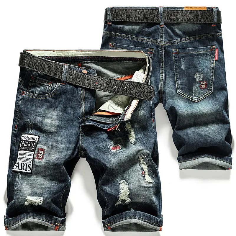 Men's Summer Straight Denim Jeans Shorts Casual Ripped Washed Hip Hop Cowboy Stretchy Mid-length Knee Pants Men's Denim Shorts