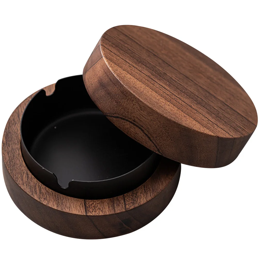 

Creative Wooden Ashtray Round Lidded Smoke Holder Windproof Desktop Bowl For Home Office Tobacco Cigarette Container Stainless