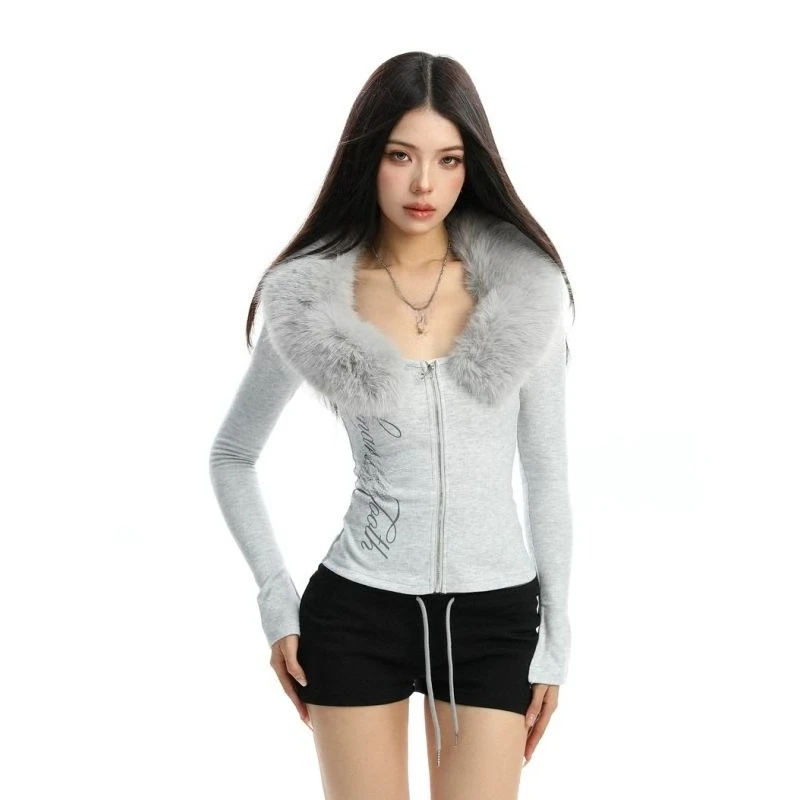 Spice Girl Removable Fur Collar Splicing Long Sleeve T-Shirt Women's Autumn Slim Zipper Y2k Top